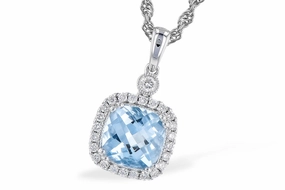 Marvelous Present 14K White Gold Cushion Cut Aquamarine and Diamond Halo Necklace.