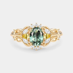 Vintage Oval Cut Cluster Lab Green Sapphire Engagement Ring - Patina Trendy Texture