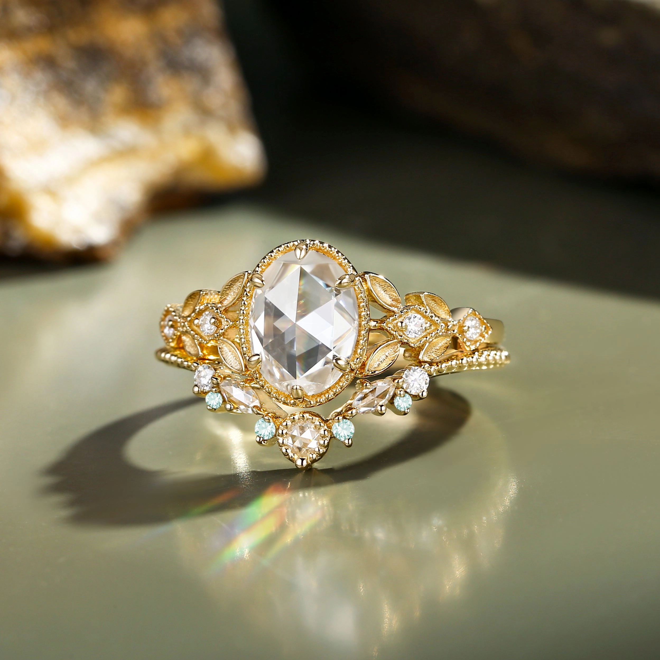 Vintage Rose Cut Oval Moissanite Leafy Gold Ring Set 2pcs - Selene Timeless Embellishments