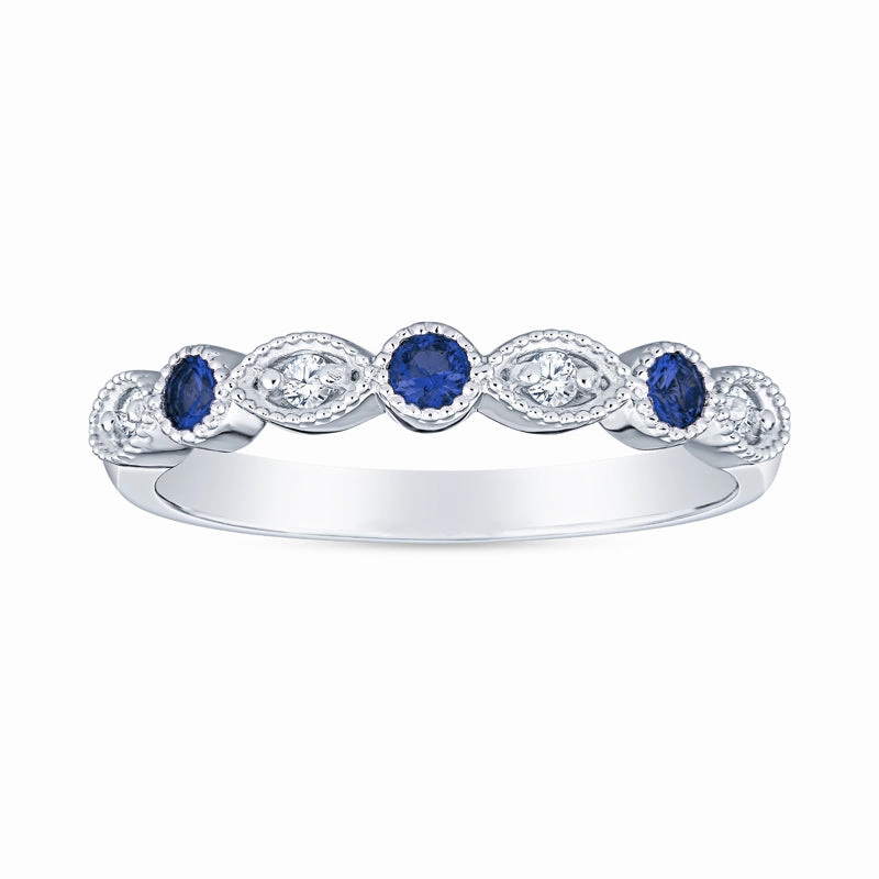 Office Chic Soft color Vintage Style Faux Marquis Milgrain Stackable Sapphire and Diamond Band