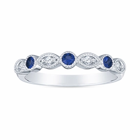 Vintage Style Faux Marquis Milgrain Stackable Sapphire and Diamond Band Casual Design Gloss Finish