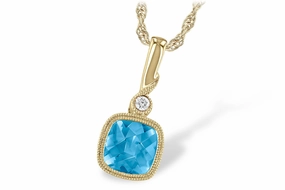Modern Woman 14K Yellow Gold Cushion Cut Blue Topaz and Diamond Necklace