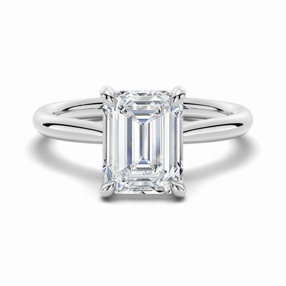 Handcrafted Glam Allure Detail Emerald Cut Moissanite Engagement Ring With Hidden Halo