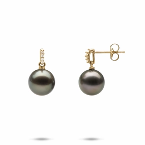 Tahitian Black Pearl Earrings in Gold with Diamonds - 9-10mm City Look Modern Piece