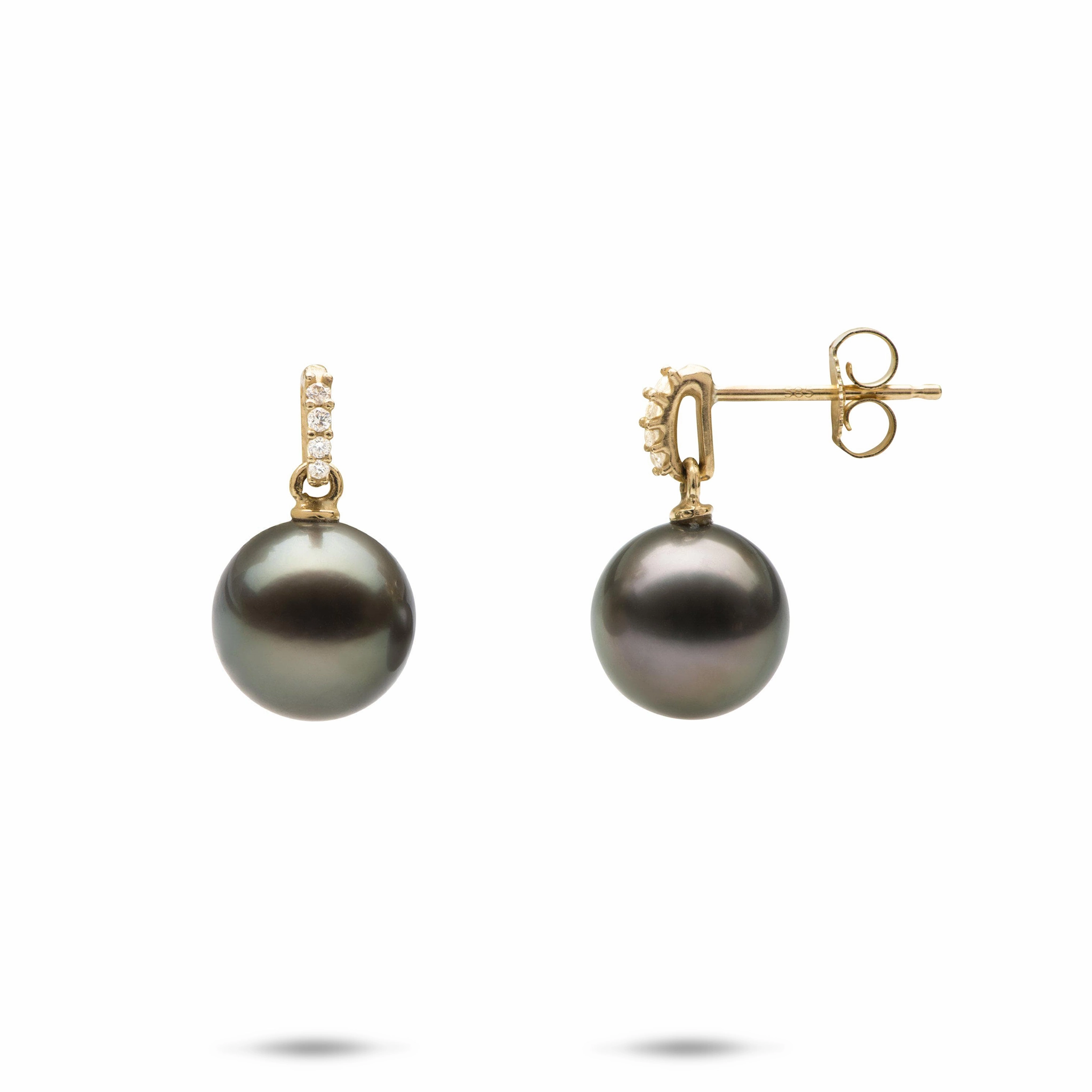 Tahitian Black Pearl Earrings in Gold with Diamonds - 9-10mm Vibrant Shine Pieces Night Mood