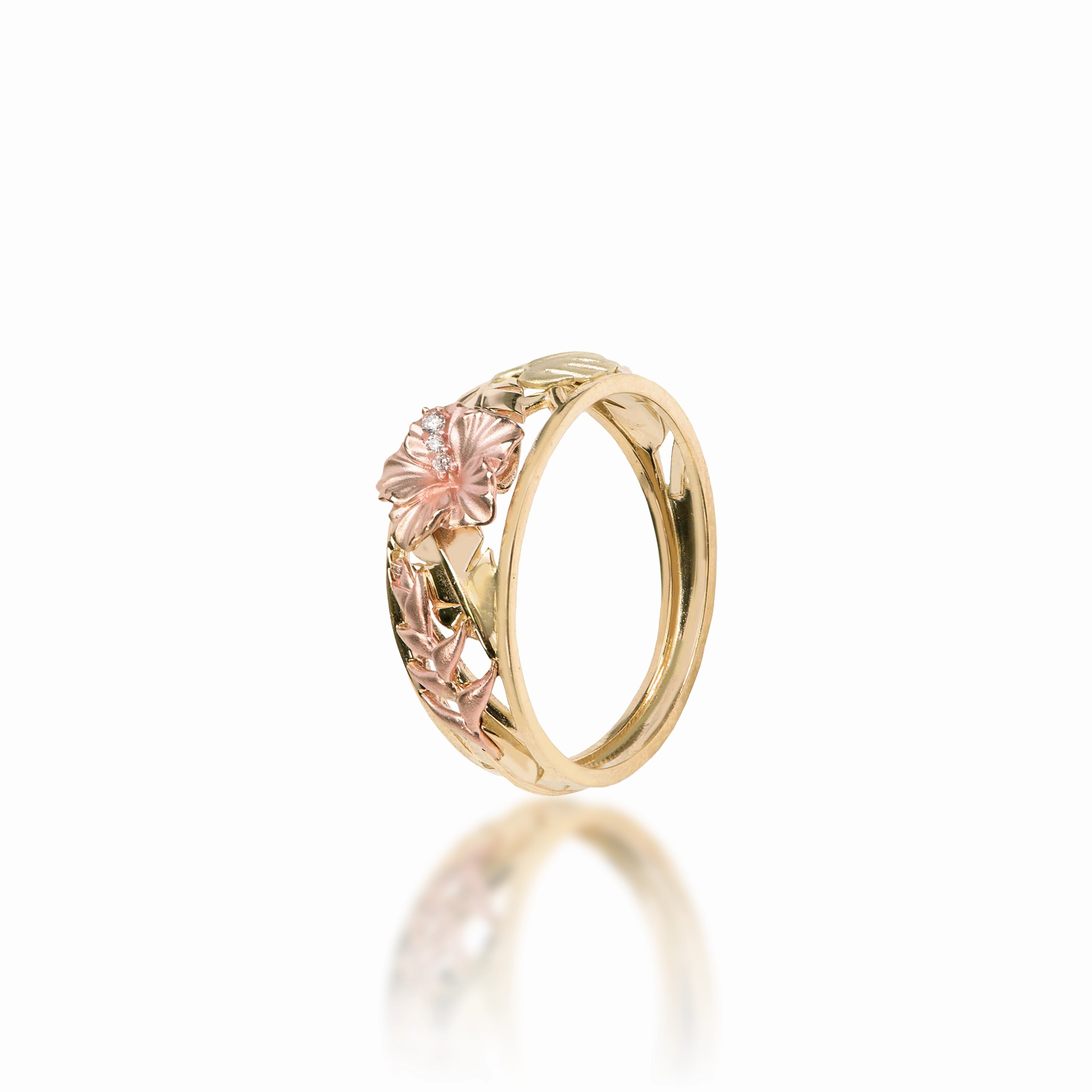 Hawaiian Gardens Hibiscus Ring in Tri Color Gold with Diamonds - 8mm Trendy Accent Formal Night