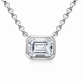 Bezel Set Emerald Cut Moissanite Diamond Necklace | S925 Sterling Silver Muted Style