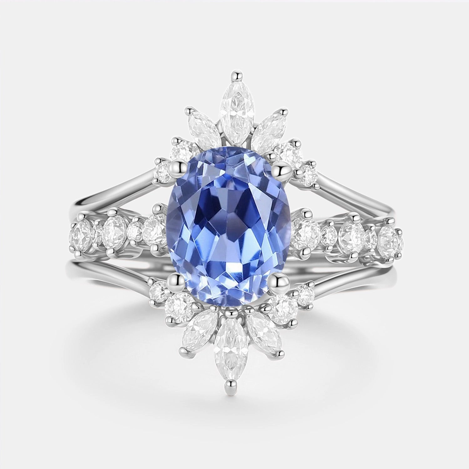 Subtle Glamour family gathering Oval Cut Lab Cornflower Sapphire Cluster Ring Set 3pcs