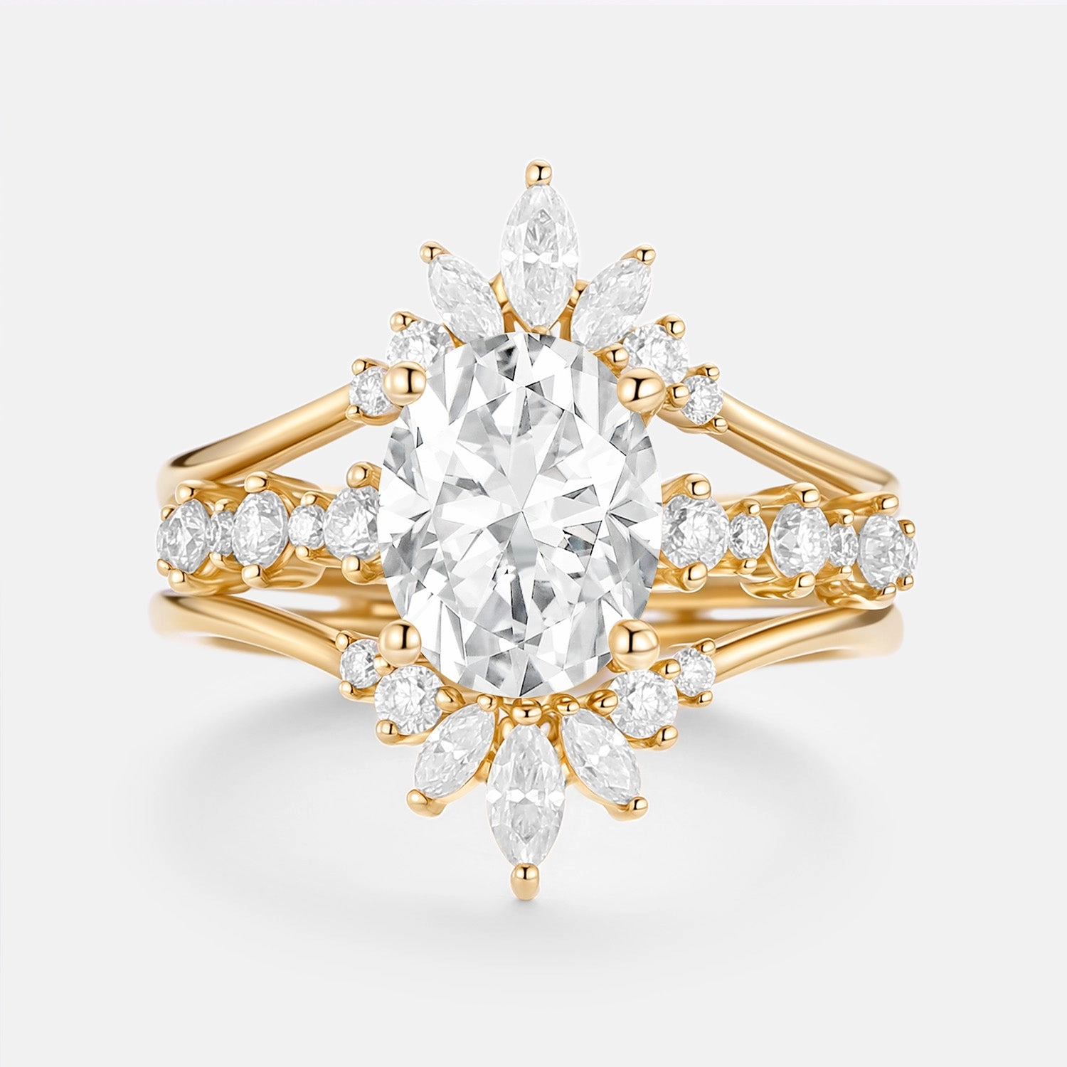 Flat Frame Oval Cut Lab Cornflower Sapphire Cluster Ring Set 3pcs