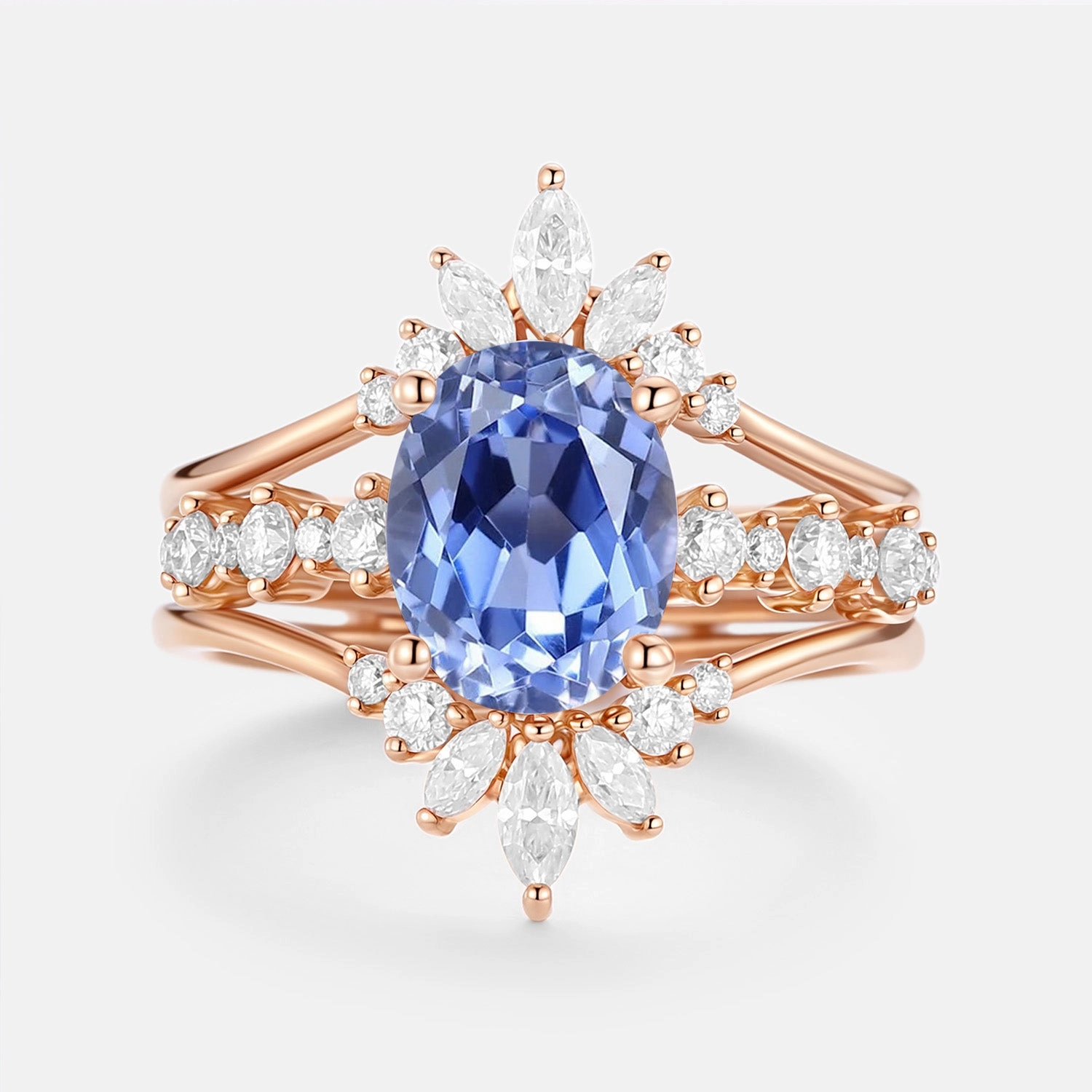 Modern Vibe Oval Cut Lab Cornflower Sapphire Cluster Ring Set 3pcs