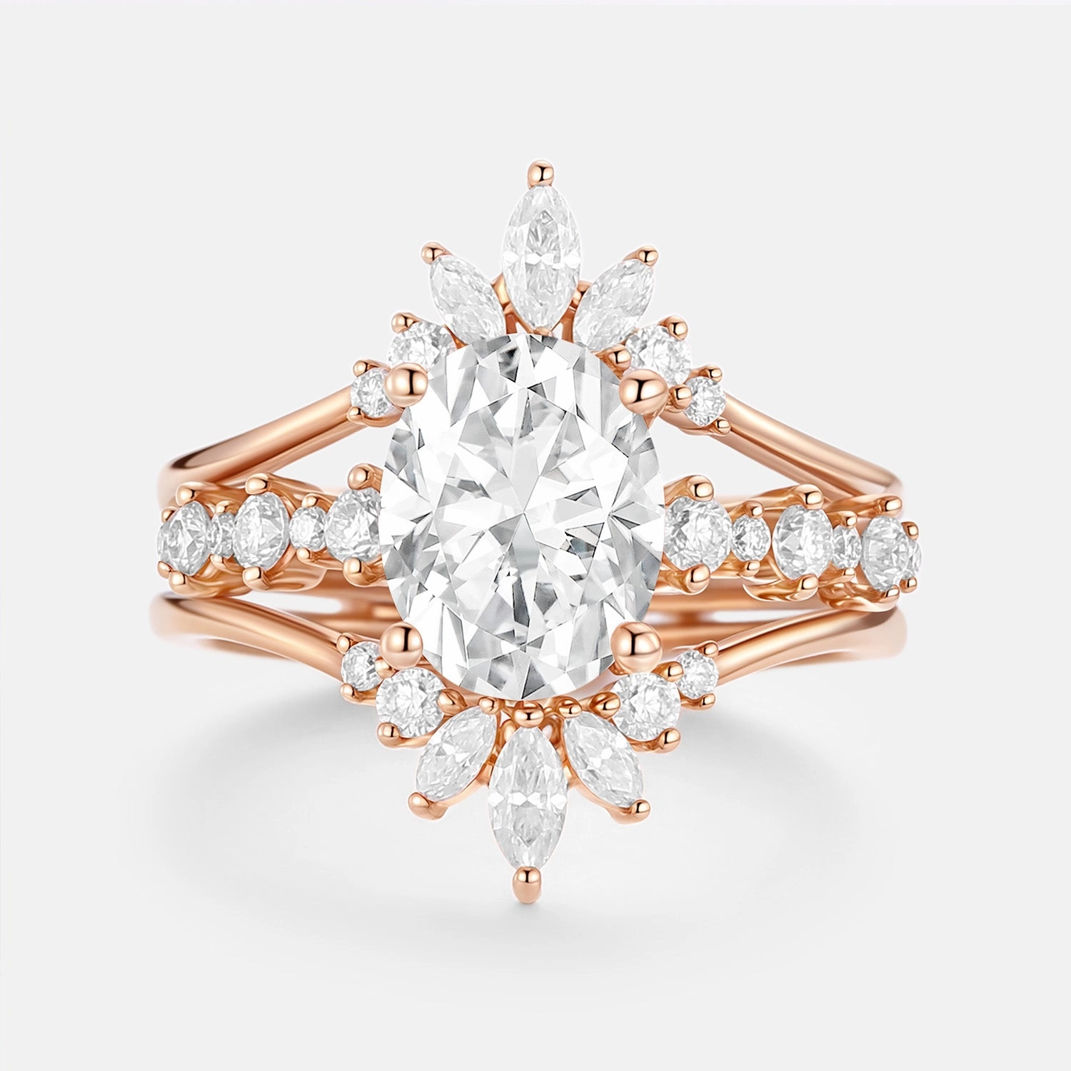 Oval Cut Lab Cornflower Sapphire Cluster Ring Set 3pcs Edgy Light