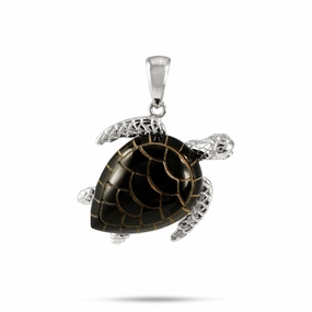Honu Black Coral Pendant in White Gold with Diamonds - 21mm Creative Match Lustrous Form