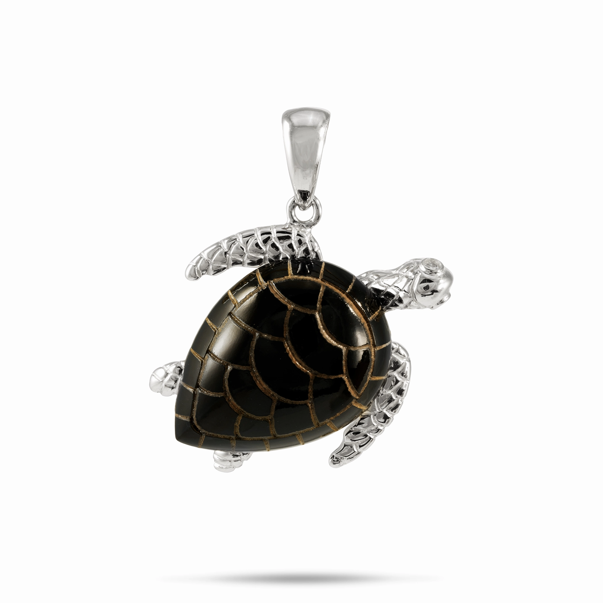 Fashionable Touch Honu Black Coral Pendant in White Gold with Diamonds - 21mm