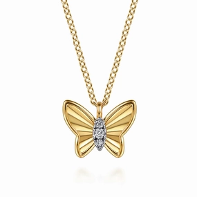 14K Yellow Gold Butterfly Necklace With Diamond Cut Finish And Graduating Diamonds Chic piece Modern Spark
