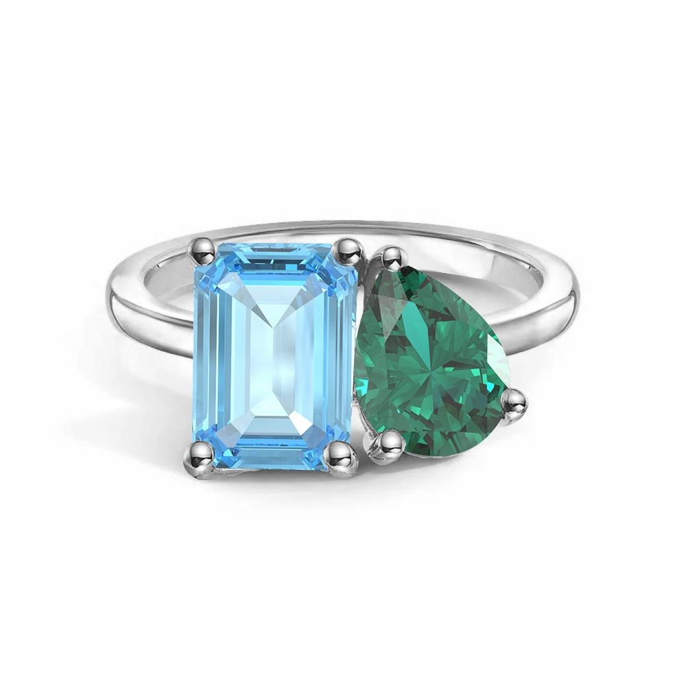 Shining Accent Toi et Moi Personalized Aquamarine Birthstone Anniversary Ring