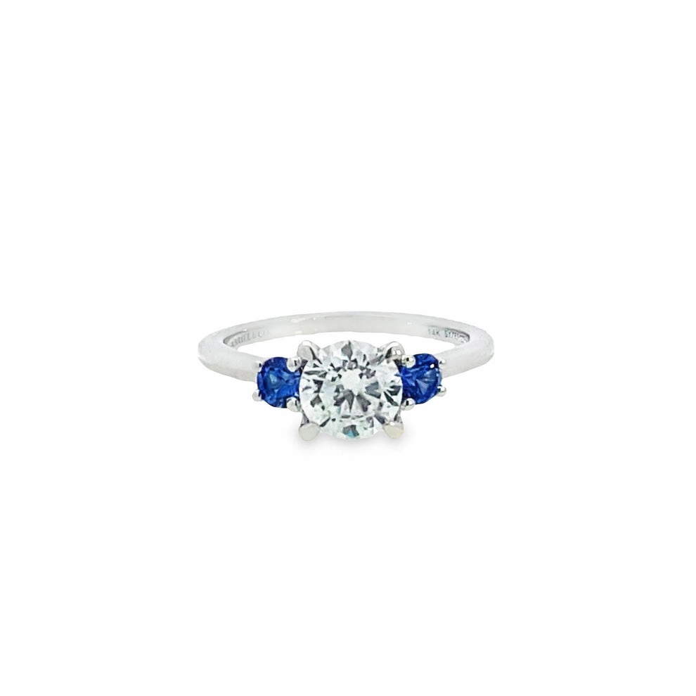 Soft Tone White Gold and Sapphire Three Stone Engagement Ring