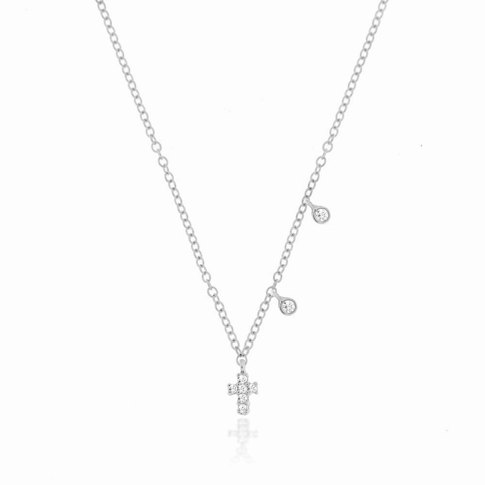 Classic Vibe White Gold Dainty Cross and Bezel Diamond Necklace