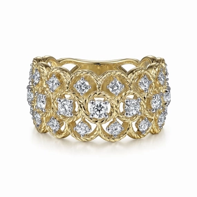 Sophisticated piece Wide 14K Yellow Gold Twisted Rope Diamond Wide Band Ring