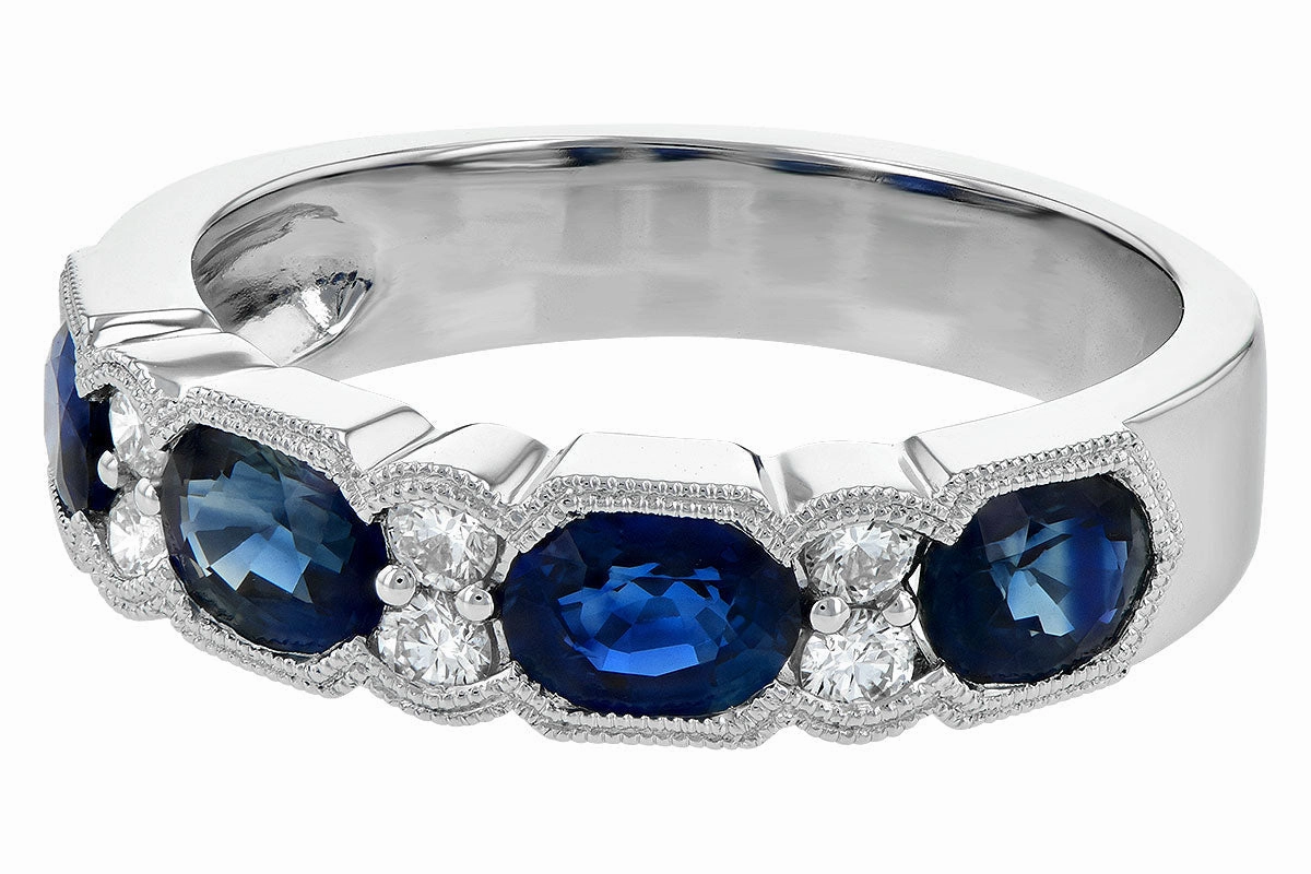 14K White Gold Vintage Style Sapphire and Diamond Band Stylish piece One Size