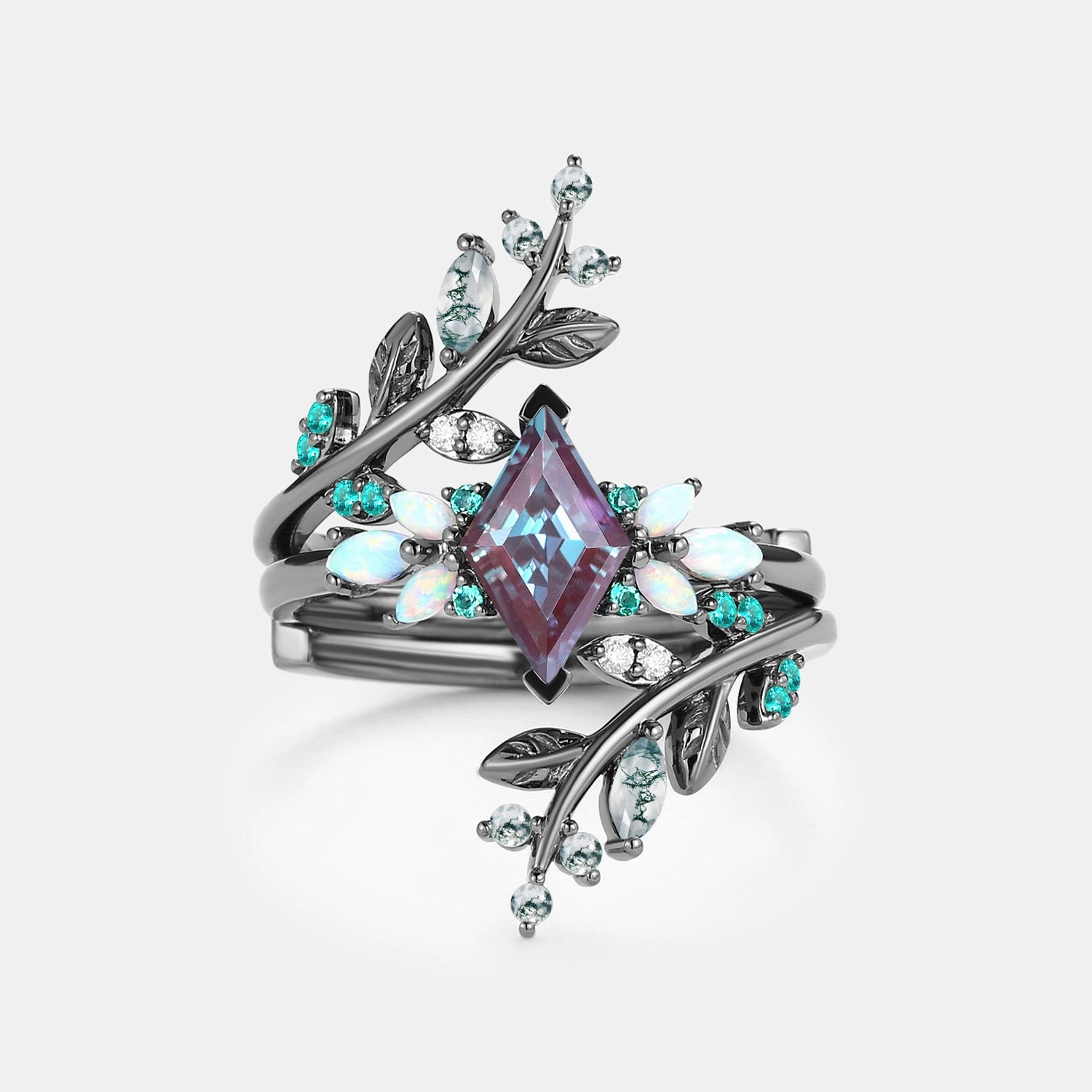 Strong Piece Black Gold Lab Alexandrite & Opal & Emerald Cage Leafy Engagement Ring 2pcs - Knight