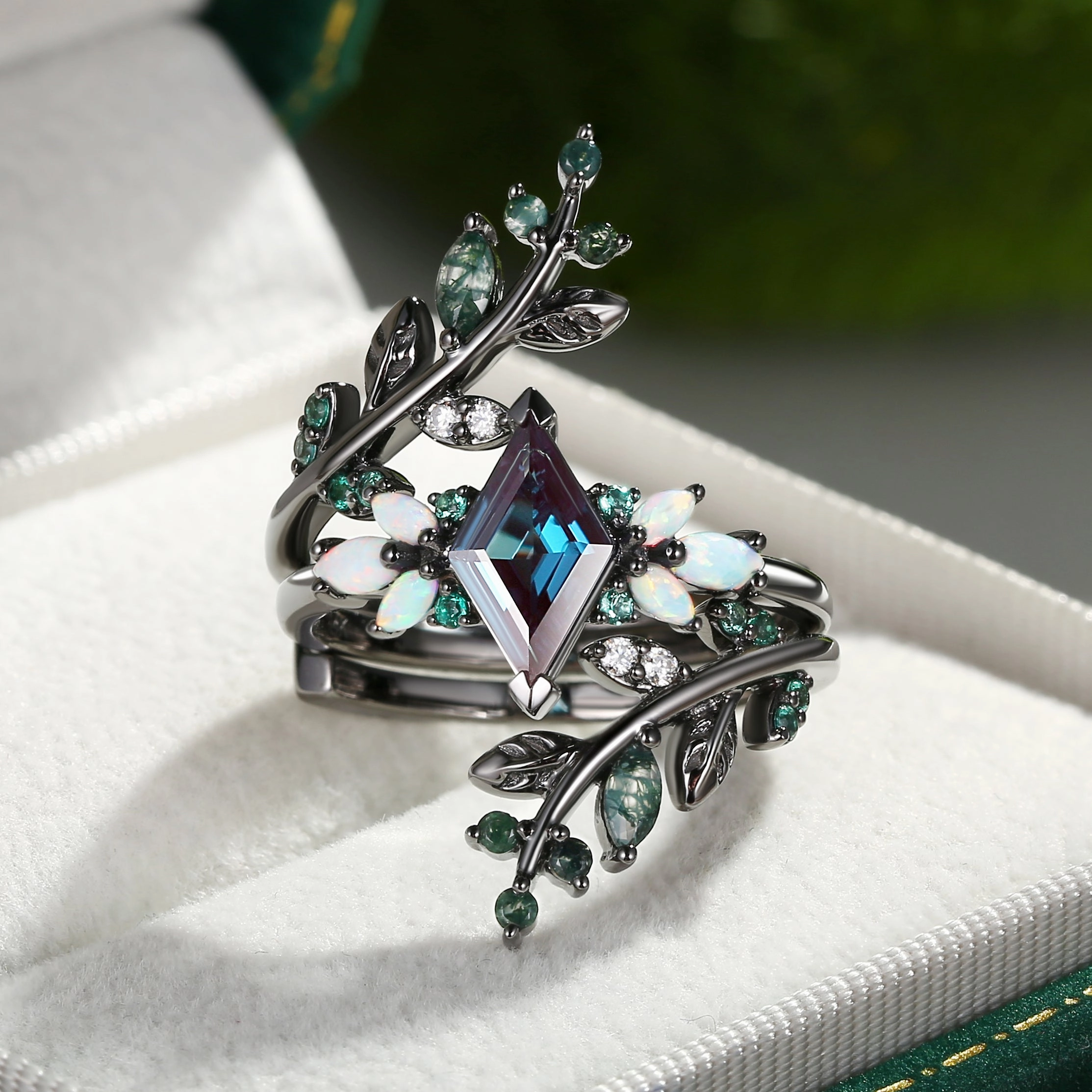 Black Gold Lab Alexandrite & Opal & Emerald Cage Leafy Engagement Ring 2pcs - Knight Minimalist Adornment Fine Expression