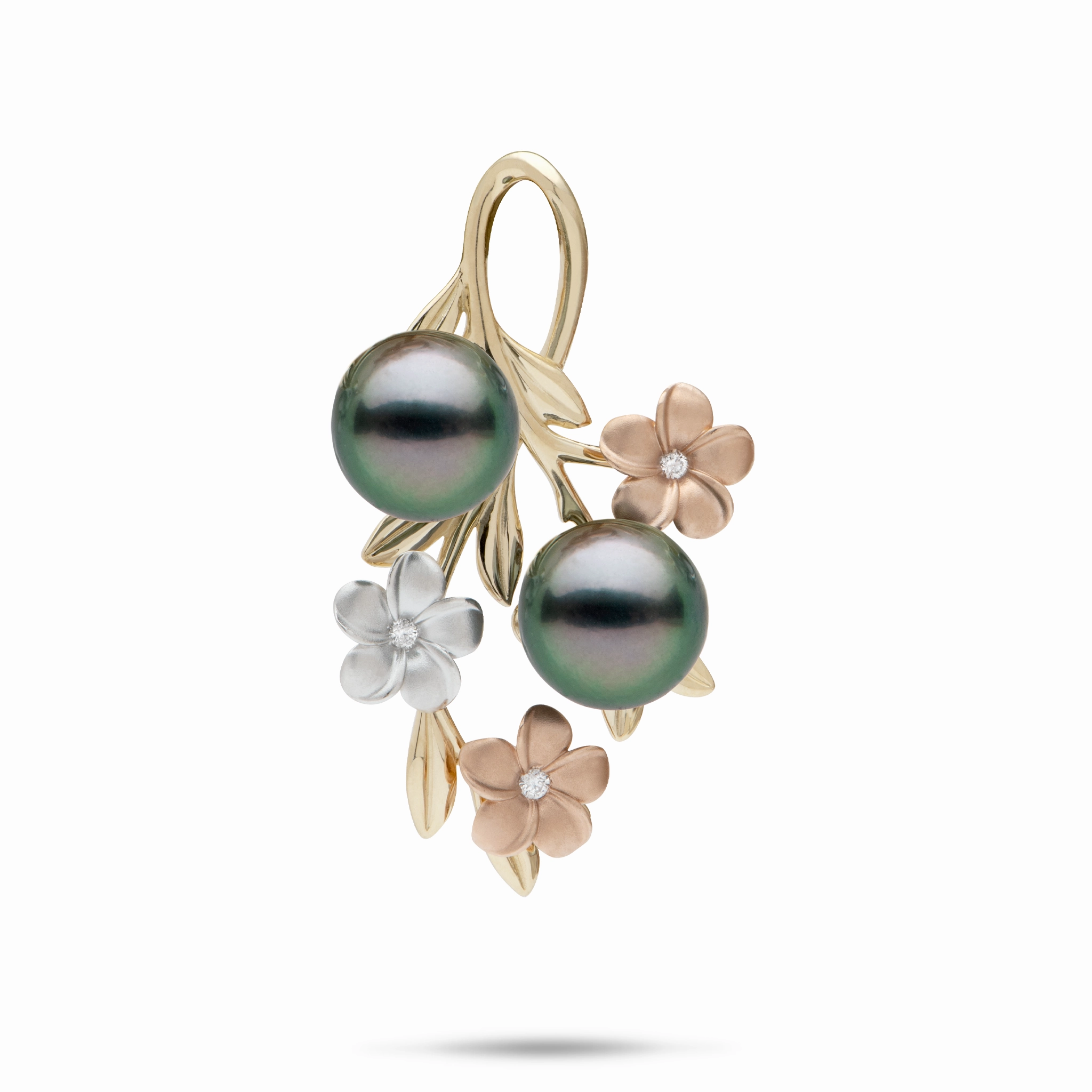Stunning Accent Radiant Highlight Pearls in Bloom Plumeria Tahitian Black Pearl Pendant in Tri Color Gold with Diamonds - 36mm