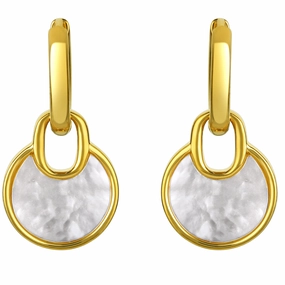 Premium Accent Yellow-Tone Sterling Silver White Mother of Pearl Circle Drop Earrings