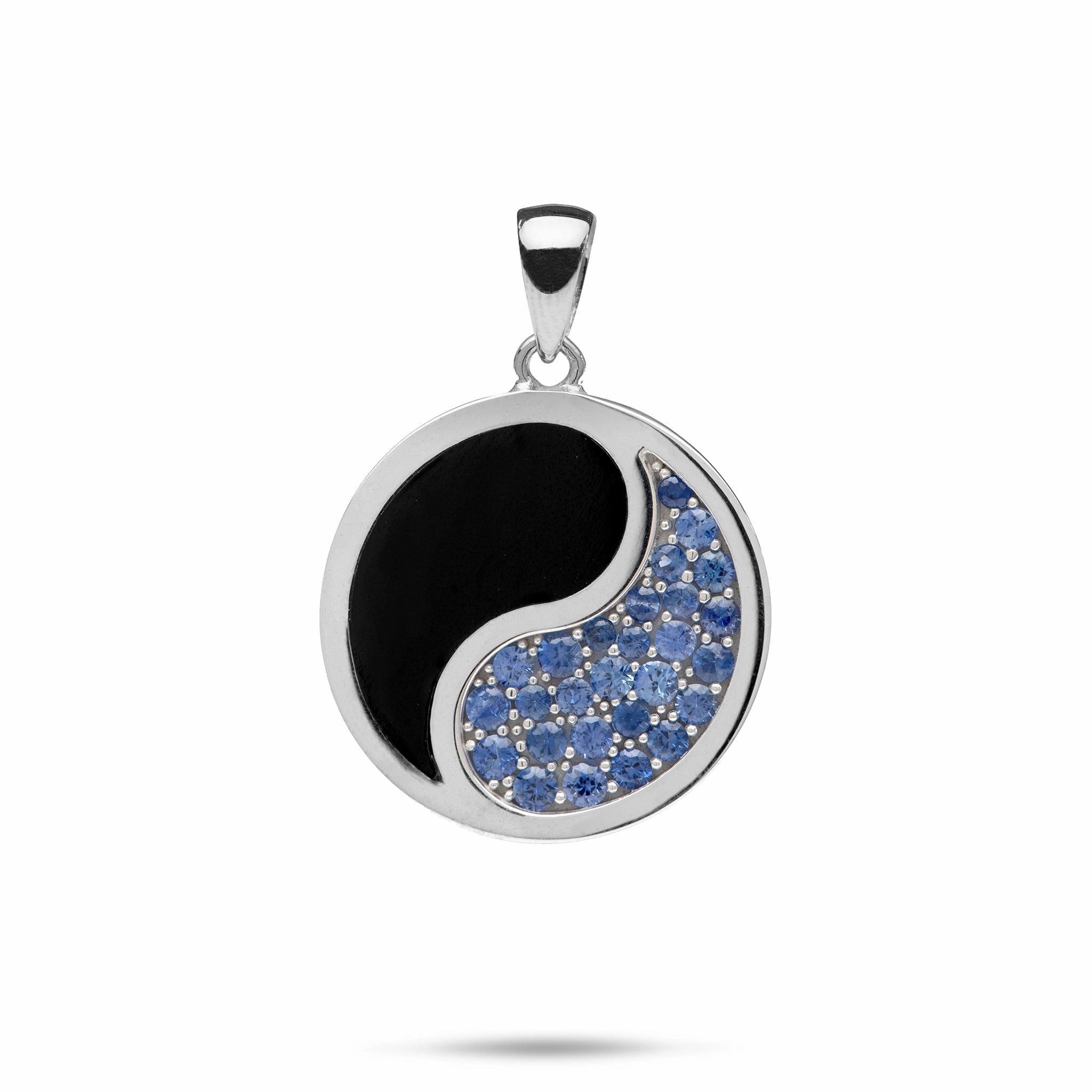 Yin Yang Black Coral Pendant in White Gold with Blue Sapphires - 22mm Valentine Token Cool Chic