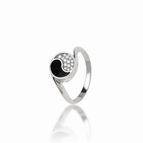 Neutral palette Yin Yang Black Coral Ring in White Gold with Diamonds - 10mm