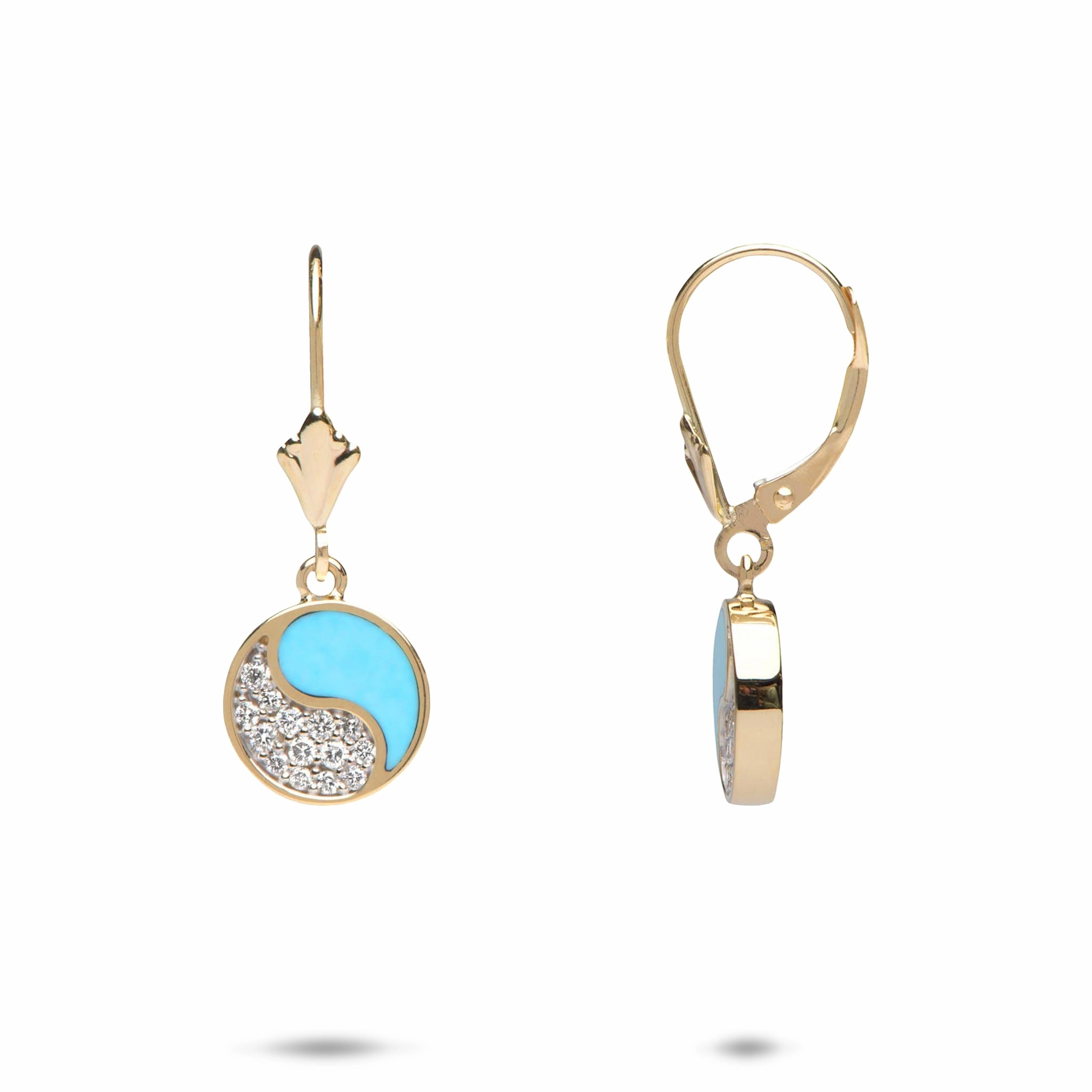 Yin Yang Turquoise Earrings in Gold with Diamonds - 10mm Precious Pieces Shimmering Highlight